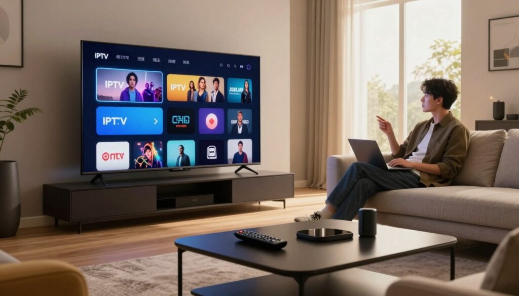 A sleek modern living room with a large smart TV prominently displayed, showcasing various popular IPTV app icons on the screen. In the foreground, a stylish coffee table holds a remote control and a few tech gadgets, all in a well-lit space surrounded by comfortable furniture. The middle ground features a cozy sofa, with a person, dressed in casual yet professional attire, attentively exploring IPTV settings on the screen. The background includes a large window allowing warm, natural light to flood the room, creating an inviting atmosphere. The overall mood is relaxed and tech-savvy, emphasizing the contemporary home entertainment experience.