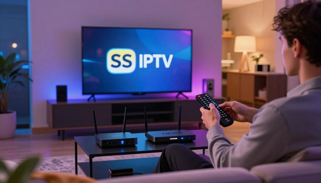 A sleek, modern living room with a large television displaying the SS IPTV logo prominently on the screen. In the foreground, a confident person in professional attire is seated on a comfortable sofa, using a remote control to optimize streaming performance. In the middle, around them, various streaming devices and a stylish router are arranged neatly on a media console, with glowing lights indicating excellent connectivity. The background features a vibrant, well-lit room, with ambient lighting that suggests a cozy atmosphere, enhancing the mood. The image captures a dynamic sense of focus on technology and efficiency, with a shallow depth of field that softens the background, emphasizing the streaming setup and the person engaged in the process.