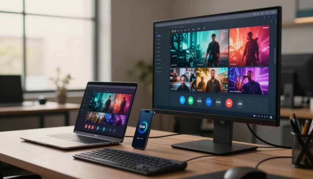 A sleek modern office environment featuring a high-tech workstation set up for video playback. In the foreground, a large monitor displays vibrant 4K video playback of various multimedia content, with a software interface showcasing DLNA and AirPlay integration options. The middle layer includes a stylish laptop and a mobile device, both connected wirelessly, illustrating seamless streaming. In the background, a window reveals soft natural light spilling into the room, creating a warm and inviting atmosphere. The overall mood is focused and professional. Use a shallow depth of field to emphasize the monitor and devices, with clear, crisp details and rich colors, ensuring a polished and engaging look.