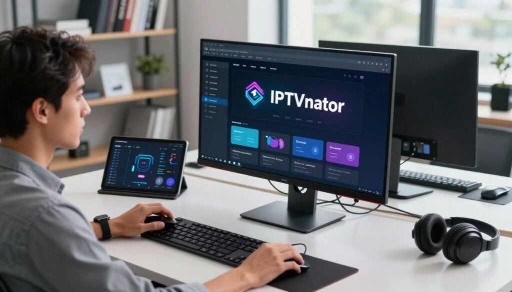 A sleek, modern office space featuring a high-end desktop PC displaying the IPTVnator interface on the monitor, showcasing advanced features and customizable options. In the foreground, a well-dressed professional, dressed in smart casual attire, interacts with the software using a mouse and keyboard, with an expression of focus and curiosity. The middle ground includes an organized desk with technical gadgets, like a tablet and headphones, while the background features shelves filled with tech books and a large window letting in natural daylight, creating a bright, inviting atmosphere. The lighting is soft yet crisp, highlighting the innovative technology while evoking excitement about the possibilities of IPTVnator. The angle is slightly elevated to capture both the user and the screen effectively.