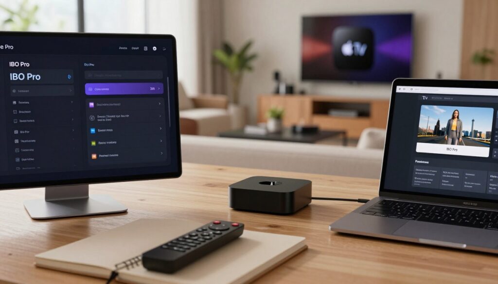A sleek, modern workspace featuring a close-up view of an Apple TV interface displaying the IBO Pro configuration settings. In the foreground, show a user-friendly, intuitive menu showcasing various options for customization, like color themes, account settings, and preferences. The middle ground includes an Apple TV remote controller, placed casually alongside a stylish notebook and a laptop showing a tutorial video on installing IBO Pro. The background displays a well-lit living room with contemporary furniture and a large screen showcasing the Apple TV in use, creating a warm, inviting atmosphere. Soft, natural light filters in through a window, enhancing the professional yet relaxed setting. The composition emphasizes clarity and functionality, reflecting the essence of tech-savvy users engaging with their devices.