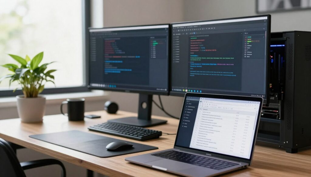 A sleek, modern workspace featuring a high-end PC setup with dual monitors displaying the system requirements for the HotPlayer app. In the foreground, a close-up of a laptop with a neatly arranged checklist of specifications including RAM, processor speed, and operating system compatibility. In the middle, a stylish, well-lit desk with a potted plant and tech gadgets, conveying a tech-savvy atmosphere. In the background, a softly blurred image of a window with natural light streaming in, illuminating the workspace. The overall mood is focused and professional, emphasizing readiness for installation. The lighting is bright and inviting, with a slight depth of field effect to highlight the foreground elements.