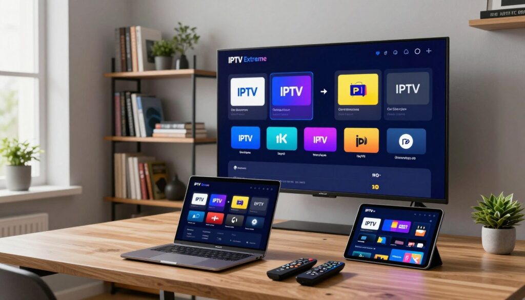 A sleek, modern workspace featuring a large ultra-high-definition television displaying a comparison chart of various IPTV players, including IPTV Extreme. In the foreground, a well-organized desk with a laptop, a tablet displaying an IPTV menu, and several remote controls, representing the different IPTV players. In the middle, a wall-mounted TV showing side-by-side screenshots of the user interfaces from different IPTV applications, emphasizing their unique features. The background includes a stylish bookshelf filled with tech-related books and a small indoor plant for a touch of greenery. The lighting is bright and inviting, with soft natural light coming from a nearby window, creating a productive and contemporary atmosphere. The overall mood is informative and engaging, perfect for tech-savvy readers.