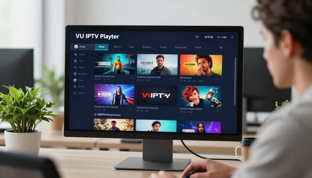 A sleek user interface display of the VU IPTV Player, showcasing its key features and advantages in a modern digital environment. In the foreground, a high-resolution computer screen displaying the IPTV interface with vibrant thumbnails and menu options. The middle layer features a user, dressed in smart casual attire, analyzing the features on the screen with a focused expression. The background portrays a minimalist office with soft, natural lighting emphasizing a serene atmosphere. A potted plant and a coffee mug subtly enhance the professional setting. The camera angle is slightly tilted downward, capturing the screen and the user’s engagement with the technology, creating a mood of productivity and innovation.