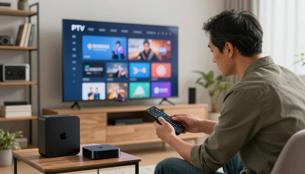 A technician troubleshooting an IPTV installation on an Apple TV, seated in a modern, well-lit living room. The foreground features the technician, a middle-aged person wearing a smart casual outfit, closely examining the Apple TV remote and screen settings. In the middle ground, a large flat-screen television displays the IPTV interface, showing various streaming options. The background displays a stylish bookshelf with tech gadgets and a cozy ambiance illuminated by soft, natural light from a window. The overall atmosphere is calm yet focused, highlighting the importance of solving technical problems efficiently. The image should capture the essence of problem-solving in a home entertainment context, with clear detail and a professional, inviting look.