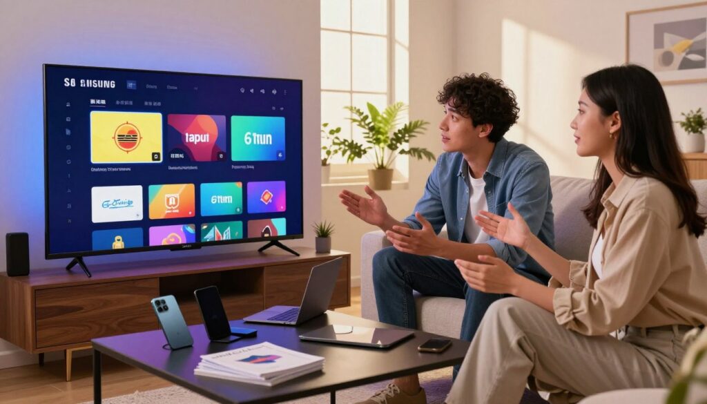 A vibrant and informative digital workspace depicting the exploration of streaming player extensions and alternatives. In the foreground, a sleek Samsung Smart TV displays a user-friendly interface showcasing various app icons, symbolizing extensions and plug-ins. Two professional individuals, one male and one female, are seated comfortably on a modern couch, engaged in discussion, both dressed in smart casual attire. The middle ground features a coffee table littered with tech gadgets, user manuals, and devices, hinting at a tech-savvy environment. In the background, a cozy living room is illuminated by warm, natural light streaming in through a window, creating an inviting atmosphere. The overall mood conveys excitement and curiosity about streaming technology, with a focus on usability and innovation.