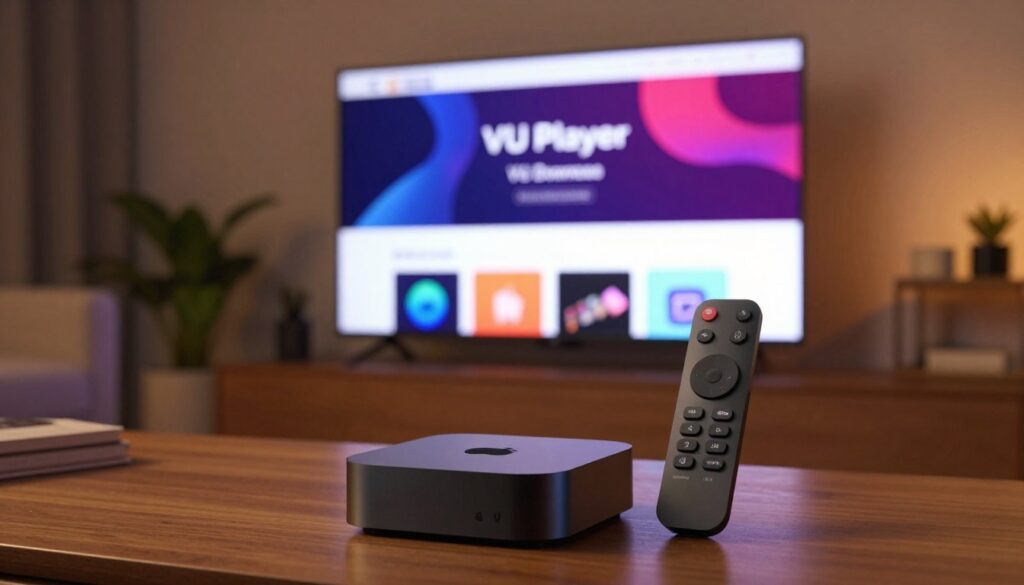 A visually appealing digital scene depicting the installation methods for VU Player on Apple TV. In the foreground, show a sleek Apple TV device with an elegant remote controller, both illuminated by a soft, warm glow. In the middle ground, incorporate a vibrant website interface with download options for VU Player that showcases app icons for the App Store and alternative download methods. The background features a cozy living room setting with a modern TV display showing the VU Player interface in a minimalist style. The lighting is warm and inviting, creating a friendly atmosphere. The angle is slightly above eye level, emphasizing the technology while maintaining a user-friendly feel. Ensure the image is professional, clear, and focused on the installation aspect without any distractions.