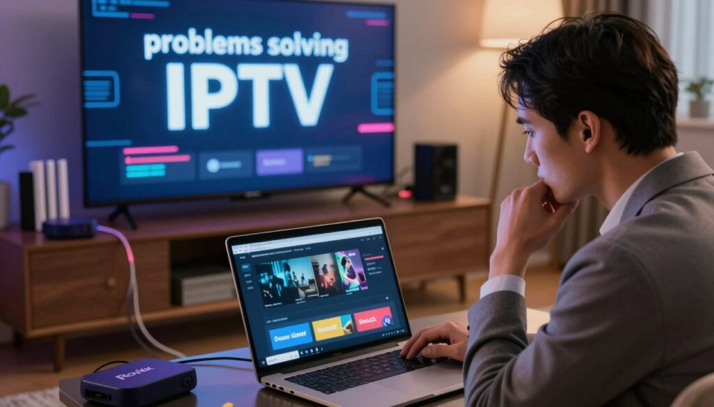 A visually engaging scene illustrating the theme of "problems solving IPTV" in a tech-friendly environment. In the foreground, a professional individual in business attire studies a laptop screen displaying streaming issues, looking thoughtful yet determined. The middle layer features an array of connected devices like a Roku, a modem, and a TV, showcasing tangled wires and error messages to reflect common installation problems. The background fades into a cozy home living room setting, with soft lighting highlighting gadget clutter but maintaining a warm atmosphere. The image conveys a mood of problem-solving and resilience, emphasizing the journey of troubleshooting IPTV issues with a modern, tech-savvy aesthetic.