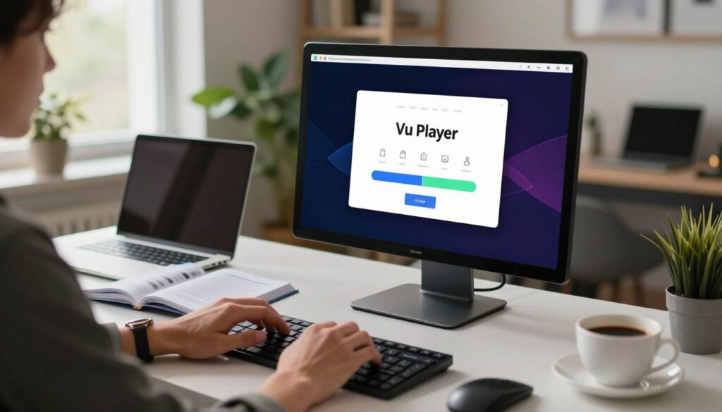 A visually engaging workspace featuring a computer screen displaying the installation interface of Vu Player, surrounded by icons and a progress bar. In the foreground, a pair of hands, dressed in smart-casual attire, is positioned on the keyboard, actively engaging with the software. The middle background features a sleek modern desk with a laptop, an open manual for easier navigation, and a cup of coffee, emphasizing a productive atmosphere. Behind, a soft-lit room filled with contemporary decor, plants, and a window that lets in natural daylight, creating a warm and inviting mood. The composition is framed with a shallow depth of field, helping to focus on the installation process while suggesting a sense of clarity and order.