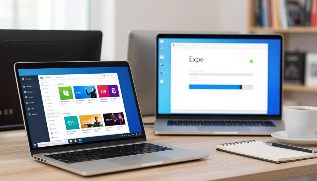 A visually striking comparison of two installation methods for software on a Windows PC. In the foreground, depict a sleek laptop screen displaying the Microsoft Store interface, showcasing a colorful and inviting app layout. Beside it, feature an open .exe file installation window with a progress bar, set against a soft-lit desktop background that hints at a modern workspace. The middle ground should include subtle elements like a coffee mug and a notepad, indicating a productive atmosphere. In the background, soft-focused tech gadgets or a bookshelf lined with programming books. Use bright, natural lighting to create an engaging and friendly mood, conveying a sense of ease and professionalism in technology use. Optimize the composition for a clear, informative visual impact.