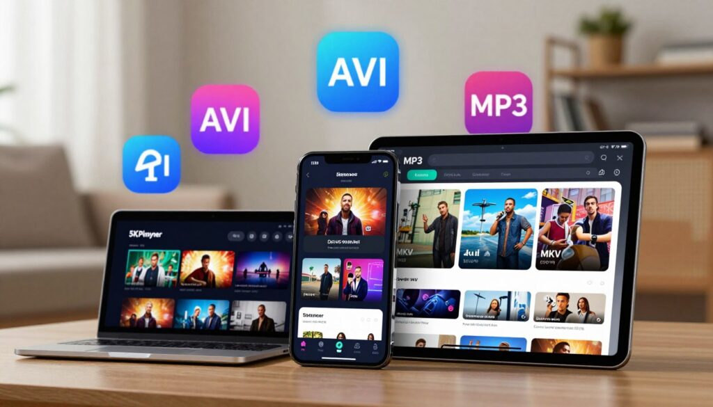 A visually striking scene showcasing the various media formats supported by 5KPlayer, with a sleek, modern iPhone and iPad prominently displayed in the foreground. The devices should be highlighted with a polished screen interface illustrating video, audio, and streaming options. In the middle ground, include vibrant icons representing diverse formats like MP4, AVI, MKV, and MP3, arranged artistically around the devices, with subtle lighting highlighting their details. The background should feature a soft-focused tech-inspired home environment, creating a warm yet professional atmosphere. Employ soft natural lighting to enhance the devices' elegance, using a slightly elevated angle for a dynamic perspective, conveying a sense of innovation and user-friendliness.