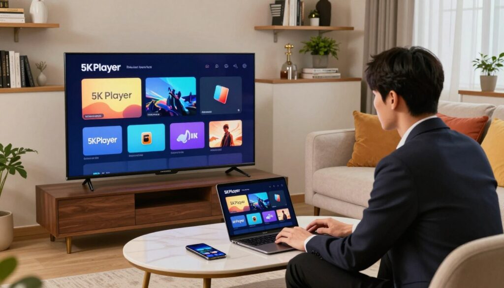 A well-lit living room featuring a Samsung Smart TV prominently displaying the 5KPlayer installation screen. In the foreground, a stylish coffee table with a laptop open alongside a smartphone, both showing the 5KPlayer interface. In the middle, a comfortable couch adorned with colorful cushions, and a person of Asian descent, dressed in professional attire, focused on the installation process. The background consists of elegant shelves with books and decorative plants, creating a cozy atmosphere. Use soft, natural lighting to enhance the inviting feel of the room, capturing the excitement of setting up new technology. The angle should be slightly above eye level, providing an overview of the installation environment without any text or watermarks.
