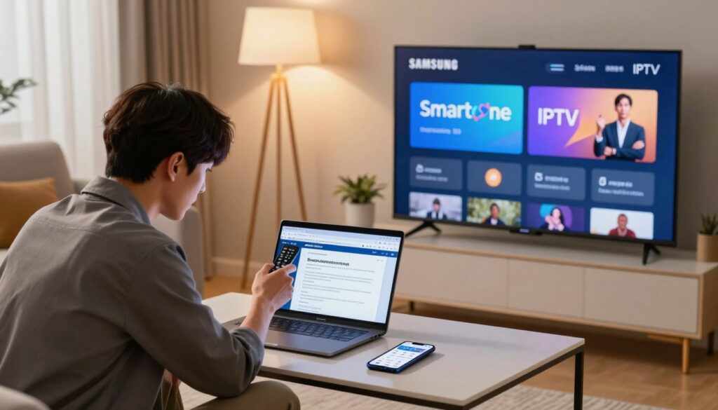 A well-organized living room scene depicting a Samsung Smart TV displaying the Smartone IPTV interface. In the foreground, a focused technician in professional attire is intently troubleshooting an issue on the TV remote. In the middle ground, a sleek coffee table holds a laptop opened to a Smartone troubleshooting guide, alongside a smartphone displaying relevant apps. The background showcases a cozy living room with soft, warm lighting, emphasizing a reassuring and problem-solving atmosphere. Gentle shadows cast by a nearby lamp enhance the depth of the scene. The angle should suggest a dynamic perspective, inviting the viewer to feel engaged in the troubleshooting process, while ensuring a clean, organized visual without distractions.