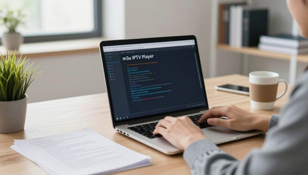 A well-organized workspace featuring a laptop displaying a terminal window with Linux commands for installing an m3u IPTV player. In the foreground, a pair of hands, dressed in business casual attire, are typing on the keyboard, emphasizing an active installation process. The middle ground includes scattered notes with step-by-step installation instructions, a coffee mug, and a small potted plant adding a touch of warmth to the scene. The background showcases a modern office setting with a soft focus on shelves with tech books and a window allowing natural light to create a bright, inviting atmosphere. The overall mood is focused and professional, perfect for illustrating a technical guide.