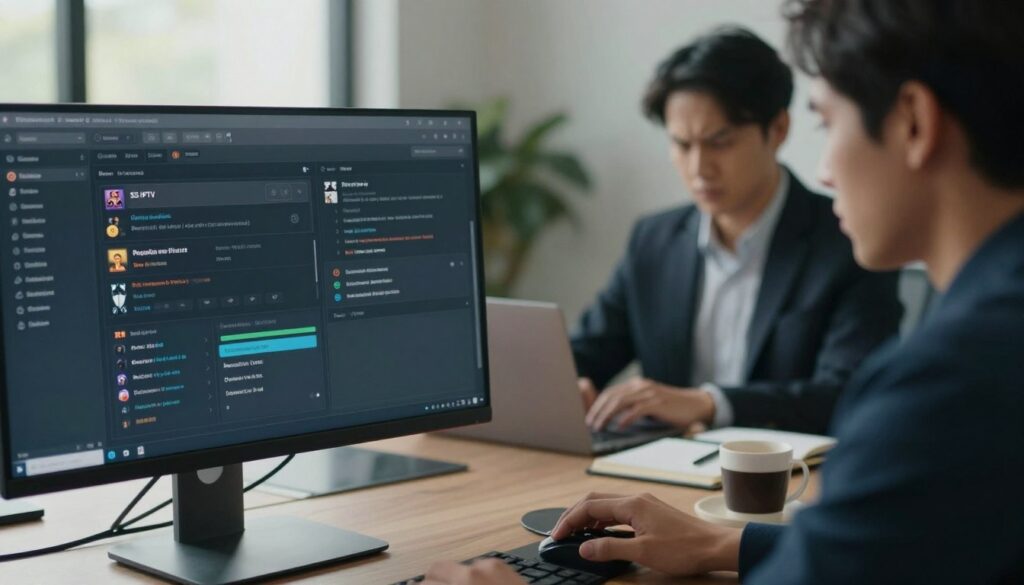 A well-organized workspace featuring a sleek computer monitor displaying the SS IPTV configuration interface. In the foreground, a close-up of the screen, showcasing various settings like playlists, channel configurations, and optimization options. In the middle, a person in professional business attire looks at the screen, furrowing their brow in concentration. The background is softly blurred, revealing a clutter-free desk with a laptop, notebook, and a cup of coffee, suggesting productivity. Soft, natural lighting coming from a nearby window illuminates the workspace, creating a calm and focused atmosphere. The image captures the essence of technical configuration and optimization, enhancing the understanding of the SS IPTV setup process without any distractions.