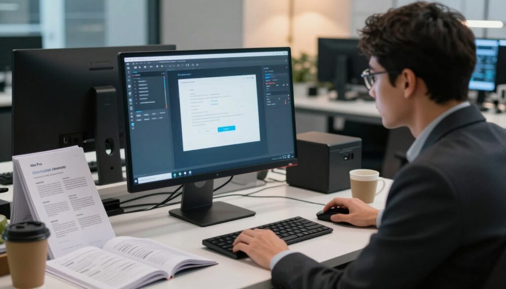 A well-organized workspace set in a modern office environment, showcasing a sleek desktop computer with the ibo pro software installation interface displayed prominently on the screen. In the foreground, a focused professional man in business attire is sitting at the desk, closely examining the details on the screen, with his hand poised on the mouse. The middle ground includes a neatly arranged workspace with open manuals, installation guides, and a cup of coffee, while the background features soft ambient lighting and a window showing a cityscape. The overall mood should convey focus and productivity, with soft, warm lighting emphasizing the professionalism of the setting. The image should be clear, well-composed, and free of any text overlays or distractions.