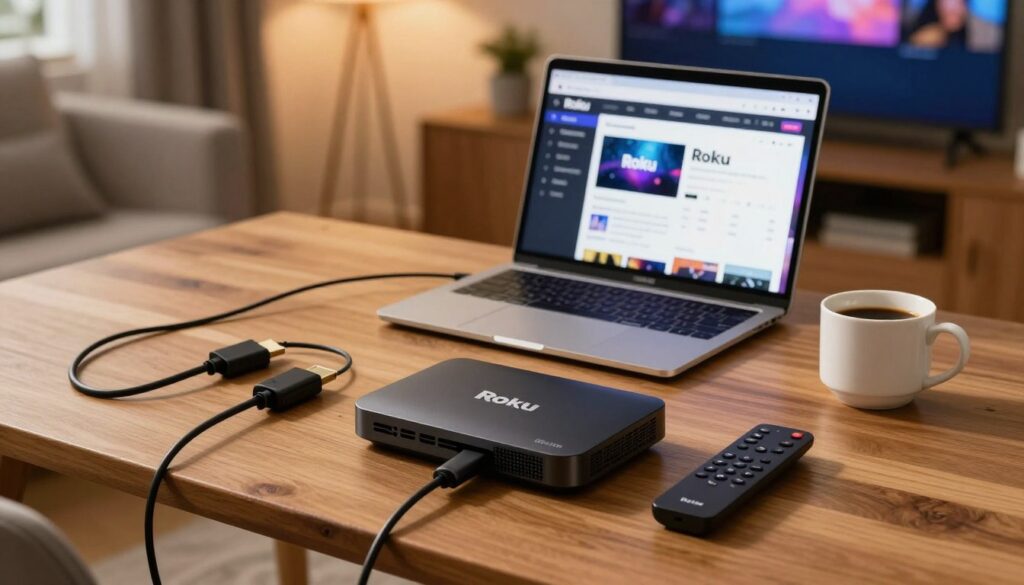 A well-organized workspace showcasing essential items for setting up a Roku installation. In the foreground, a sleek Roku device with a remote control, power cable, and HDMI cable neatly arranged on a wooden desk. In the middle ground, a laptop open to a Roku setup guide, with a cup of coffee nearby for a relaxed atmosphere. The background includes a soft-focus view of a cozy living room, featuring a television prominently displaying the Roku interface. The lighting is warm and inviting, creating a friendly and productive ambiance. The angle is slightly above the desk, giving a clear overview of the setup essentials while maintaining a sense of depth. The mood conveys a sense of readiness and organization.