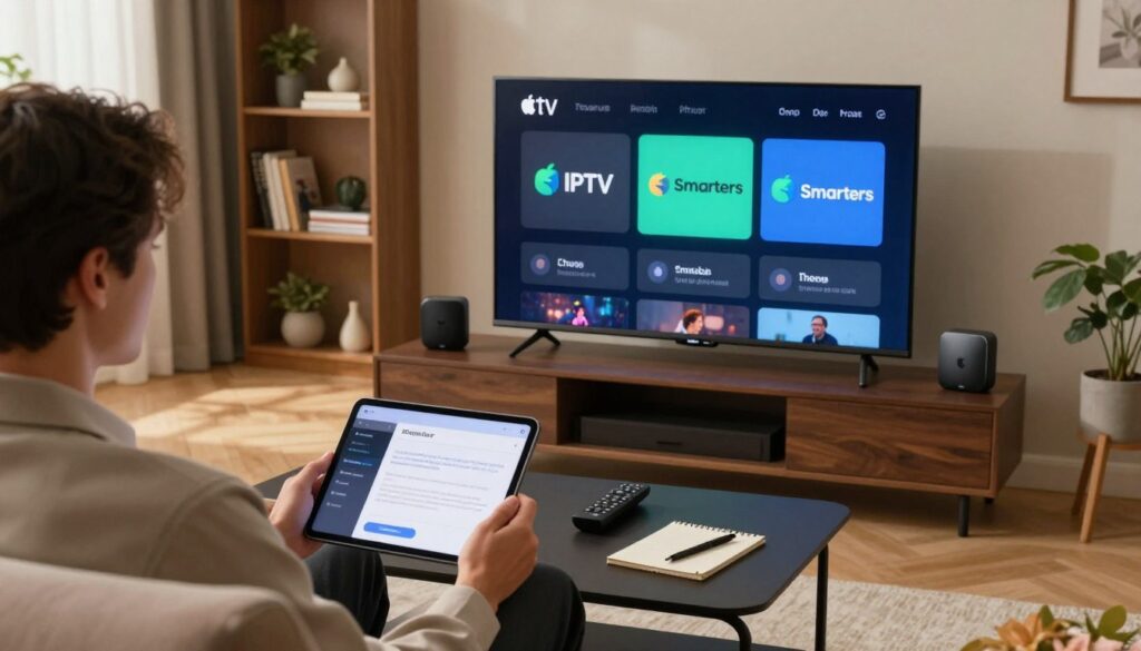 An Apple TV setup in a cozy living room, featuring a sleek TV displaying the IPTV Smarters interface. In the foreground, a person in professional casual attire is seated on a comfortable sofa, attentively following a step-by-step installation guide on a tablet or smartphone. The middle layer showcases a coffee table with accessories like a remote, a notepad, and a pen. The background includes shelves with books and decorative items, and soft, natural light streams in through a nearby window, creating a warm and inviting atmosphere. The image focuses on the installation process with a sense of clarity and professionalism, highlighting the technological aspect of IPTV on Apple TV.