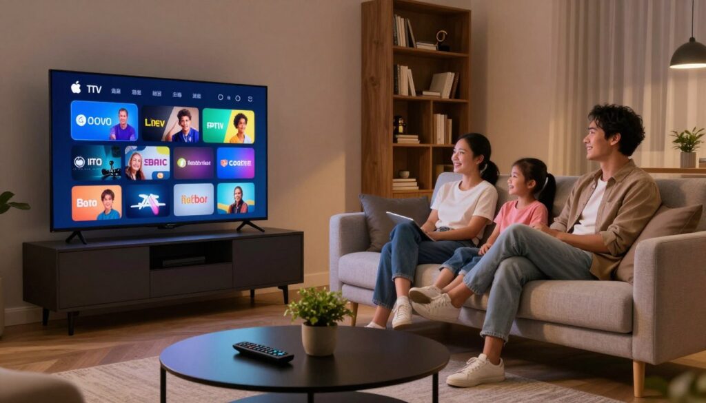 An elegant living room with a modern Apple TV setup showcasing an IPTV interface on the screen. In the foreground, a sleek coffee table holds a remote and a small plant, embodying a cozy viewing area. The middle of the scene features a comfortable sofa with a family casually sitting together, dressed in modest casual clothing, smiling and engaged with the TV. Soft, warm lighting enhances the inviting atmosphere, suggesting an evening movie night. The background showcases a stylish bookshelf, accentuating a feeling of comfort and sophistication. The overall mood is friendly and relaxed, perfect for illustrating tips for an optimal IPTV experience.