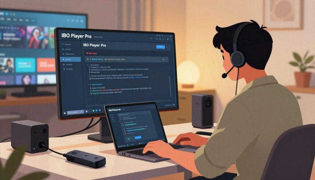 An illustration depicting a technical support scenario focused on troubleshooting the IBO Player Pro on a Firestick. In the foreground, a professional-looking technician, dressed in modest casual attire, is seated at a modern desk, actively working on a laptop with a Firestick device in hand. The middle ground features a large monitor displaying an interface of the IBO Player Pro, prominently showing common error messages and solutions. The background is a cozy, well-lit home entertainment setup, with a TV displaying a streaming service and various devices neatly organized. The atmosphere is one of focused problem-solving, with warm lighting to create an inviting and reassuring mood, emphasizing the theme of overcoming challenges. No text or captions are present.