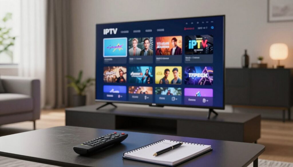 An image of a modern living room with a smart TV prominently displaying an IPTV EPG (Electronic Program Guide) configuration screen. In the foreground, a remote control sits on a stylish coffee table, alongside a notepad and pen for channel management notes. In the middle, the smart TV screen showcases a visually engaging IPTV interface, filled with various channel logos and program listings, highlighting configuration options. The background features a cozy ambiance with soft natural lighting filtering in through a window, illuminating the sleek furniture and decor. The scene has a calm and professional atmosphere, inviting viewers to imagine the ease of managing IPTV channels.