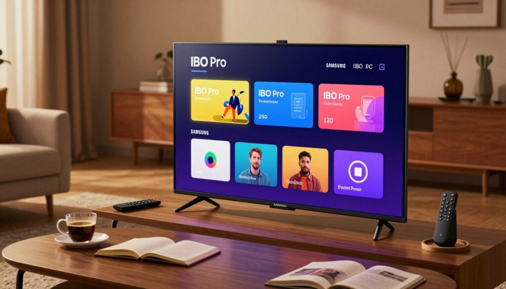 An inviting and modern Samsung Smart TV in a cozy living room setting, displaying the IBO Pro app interface prominently on its screen. The foreground features a stylish coffee table with a cup of coffee and an open notebook, creating a warm and personal atmosphere. In the middle ground, a sleek remote control lies next to the TV, emphasizing user interaction. The background shows a well-decorated living room with soft ambient lighting, casting a gentle glow that adds to the mood of relaxation and personalization. The scene is captured from a slightly elevated angle, showcasing the TV’s vibrant colors and crisp graphics of the IBO Pro app, inviting viewers to explore and personalize their settings.