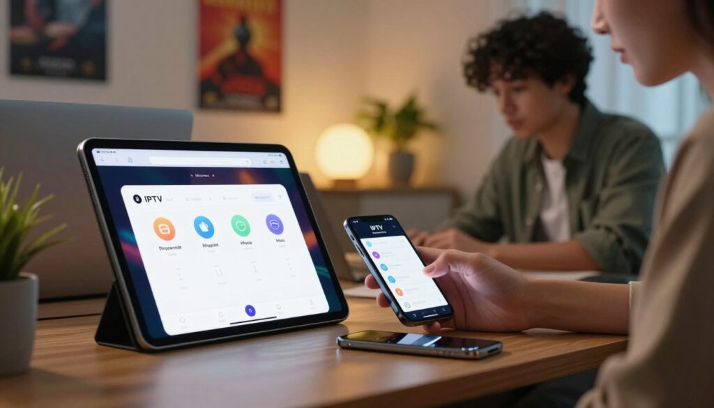 An organized workspace showing a user-friendly interface for IPTV playlist configuration on an iOS device, like an iPhone or iPad. In the foreground, a tablet displays a clear step-by-step setup screen, with colorful icons and intuitive navigation. The middle ground features a focused individual in smart casual attire, intently configuring settings on the device, surrounded by digital devices, such as a laptop and smartphone. The background includes a softly lit modern office environment with motivational posters and a cozy plant, creating an inviting atmosphere. The lighting is warm and inviting, emphasizing the simplicity and ease of the IPTV installation process. Aim for a professional, instructional mood that conveys clarity and user engagement.