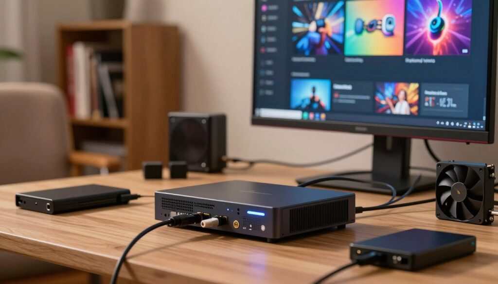 A Raspberry Pi setup showcasing optimal streaming configuration, placed prominently in the foreground. The Raspberry Pi is connected to a monitor displaying vibrant IPTV interface elements. Surrounding the Pi are various accessories like cables, a cooling fan, and a compact external hard drive. In the middle ground, a subtle blur of a cozy home office setting with a comfortable chair and a bookshelf filled with tech manuals creates an inviting atmosphere. The background features soft, warm lighting that enhances the focus on the Raspberry Pi, emphasizing its functionality. The scene conveys a sense of innovation and tech-savvy, appealing to enthusiasts looking for tips on streaming efficiency.