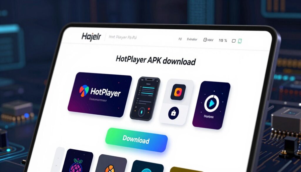 A clean and modern website interface illustrating the "HotPlayer APK download" section, prominently featuring a sleek download button and vibrant graphics related to Raspberry Pi. Foreground: the download button gleams in bright colors, inviting user interaction. Middle: a visual representation of the HotPlayer logo and app icons, tastefully arranged to showcase usability. Background: a blurred digital landscape of Raspberry Pi components and circuitry, evoking a tech-savvy atmosphere. Soft, diffused lighting captures the focus on the download action, while the angle suggests a slightly tilted view, adding a dynamic feel to the composition. Overall, the image conveys an atmosphere of innovation and accessibility, resonating with a tech-oriented audience.