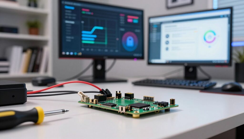 A close-up view of a Raspberry Pi device set up in a modern workspace, featuring a Smartone security application interface displayed on the screen. In the foreground, there are various tools for building and configuring, such as cables and a small screwdriver. The middle ground highlights the Raspberry Pi connected to a monitor with graphs and alerts related to security monitoring. The background shows a softly illuminated room with shelves filled with tech books and accessories, creating an atmosphere of innovation and safety. The lighting is bright but soft, providing a professional and motivating ambiance. The angle is slightly elevated, focusing on the interaction between technology and user expertise, conveying a sense of diligence and security in setup.