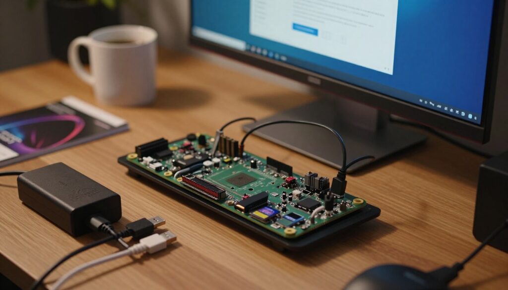 A close-up view of a Raspberry Pi setup on a wooden desk, featuring the device connected to a monitor displaying the Raspberry Pi OS installation screen. In the foreground, there is a neatly arranged assortment of cables and a USB power supply. The middle layer contains the Raspberry Pi and its components like a microSD card and HDMI cable. In the background, blurred but recognizable, are a coffee mug and some tech manuals, creating a cozy yet organized workspace atmosphere. Soft, warm overhead lighting highlights the details while casting gentle shadows, evoking a sense of calm focus. The angle is slightly tilted to give depth, emphasizing the prepare-for-installation theme without any text or distractions.