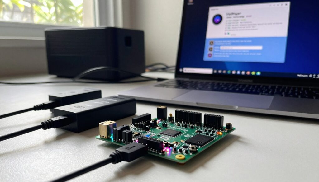 A close-up view of a Raspberry Pi setup with the HotPlayer software installation in progress on a computer screen. In the foreground, a Raspberry Pi board is connected to a power source and an HDMI cable, with colorful LED lights indicating activity. The middle ground features a laptop displaying the HotPlayer interface, highlighted by a soft glow from the screen, showing installation commands. In the background, a tidy workspace is illuminated by natural light streaming through a window, casting gentle shadows. The atmosphere is focused and technical, conveying a sense of purpose. The camera angle is slightly above the workspace, capturing the intricate details of the components while maintaining a clean and organized appearance.