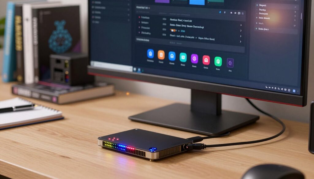 A close-up view of a desk setup featuring a Raspberry Pi connected to a monitor displaying an m3u playlist configuration interface. In the foreground, the Raspberry Pi is the focal point, with colorful LEDs indicating power and network activity. In the middle, the monitor shows a clean, user-friendly interface with a dark theme, organized playlist items labeled for clarity, and vibrant icons for different media types. In the background, there are books about programming and networking, along with a notepad and a pen, hinting at a tech workspace. The lighting is soft and bright, creating a warm atmosphere conducive to learning, with a slight lens flare to add depth.