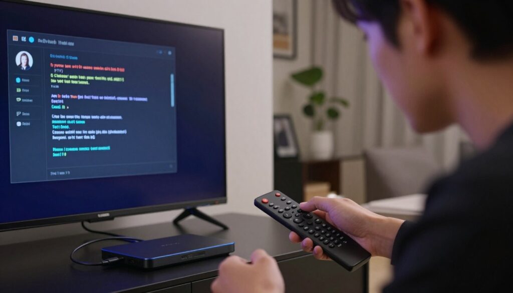 A close-up view of a person troubleshooting an Nvidia Shield TV displaying an IPTV installation issue on a modern flat-screen TV. The individual, dressed in a smart casual outfit, is focused on the screen showing error messages and settings options. The foreground captures their concentrated expression while holding a remote control. In the middle, a sleek Nvidia Shield device is visibly connected to the TV, with wires neatly organized. The background shows a stylish living room with soft ambient lighting, highlighting the modern decor. The mood is focused and problem-solving, evoking a sense of determination amid technological challenges. The image should convey a clear representation of fixing issues related to IPTV installation.