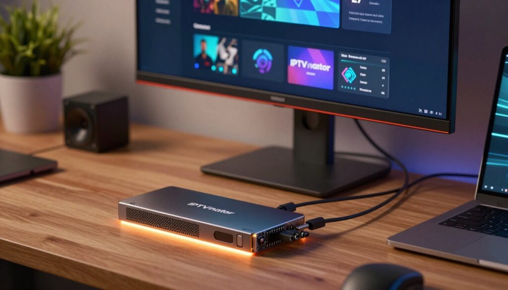 A close-up view of an IPTVnator configuration interface displayed on a sleek Raspberry Pi setup. The foreground features a high-resolution monitor showing vibrant graphical elements and menus of the IPTVnator app, illuminated by soft, warm LED lighting. In the middle ground, there is a Raspberry Pi with connected cables and peripherals, set on a tasteful wooden desk. The background includes a modern workspace with subtle hints of technology, such as a potted plant and a laptop subtly out of focus. The atmosphere is professional yet inviting, conveying a sense of innovation and ease of use. The camera angle is slightly elevated, showcasing the device and interface in a clear and engaging manner, with no text or distractions.