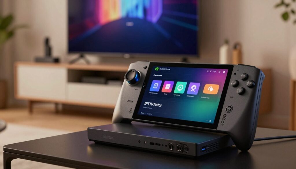 A close-up view of an NVIDIA Shield interface displaying system preparation and settings for IPTVnator installation. In the foreground, the sleek black NVIDIA Shield console is prominently featured, illuminated by a soft glow from the screen displaying a menu with vibrant icons. The middle ground includes a modern living room setting with an elegant entertainment center, showcasing a high-definition TV. The background is softly blurred, hinting at cozy furnishings and ambient lighting that gives a warm, inviting atmosphere. The overall mood is one of excitement and anticipation, as if preparing for a thrilling tech experience. Use soft, even lighting to enhance the clarity of the interface details, with a slight depth of field effect to focus the viewer's attention on the console and screen.