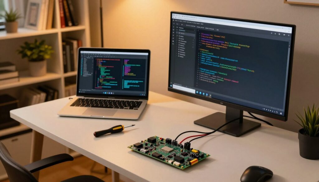 A cozy home workspace featuring a Raspberry Pi set up for installing Vu Player. In the foreground, a well-organized desk with a Raspberry Pi board connected to a monitor displaying code and installation instructions. Tools such as a screwdriver and cables lay neatly beside it. The middle ground shows an open laptop with technical diagrams related to the installation process. In the background, a softly lit room with warm lighting creates a welcoming atmosphere, showcasing a bookshelf filled with tech books and a potted plant for a touch of greenery. Capture the scene from a slightly elevated angle to provide a comprehensive view of the workspace, evoking a sense of productivity and enthusiasm for DIY tech projects.