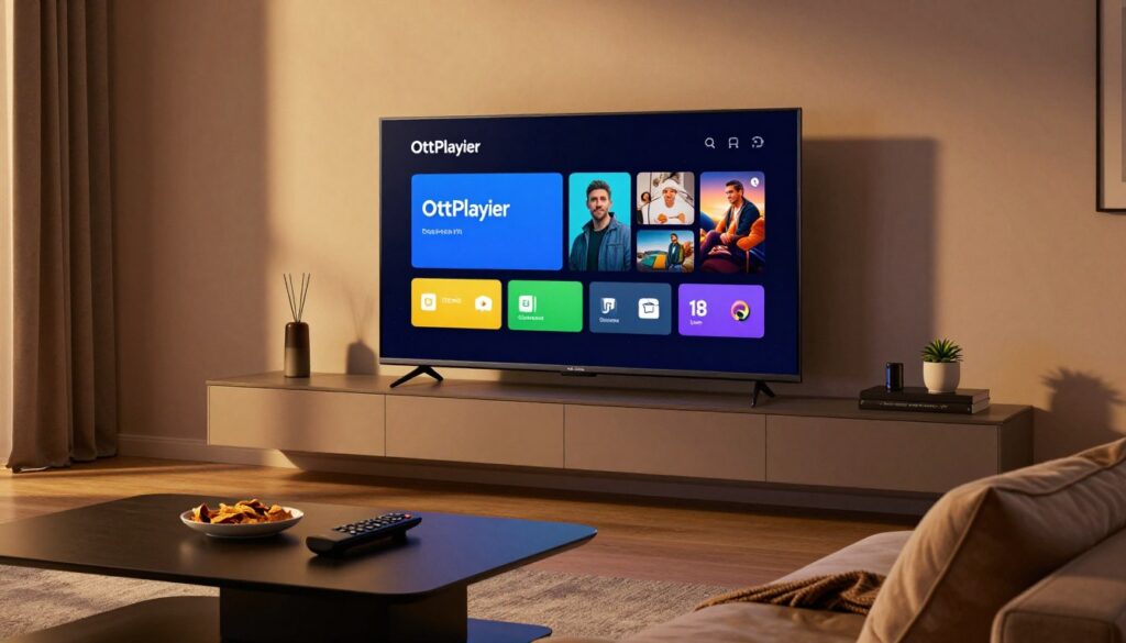 A cozy living room scene featuring a modern Nvidia Shield TV prominently displaying the OttPlayer app interface on the screen. In the foreground, a sleek coffee table holds a remote control and snacks, while a stylish couch with cushions invites relaxation. The middle layer showcases the TV mounted on a wall with subtle ambient lighting, creating a warm and inviting atmosphere. In the background, soft lighting casts gentle shadows, emphasizing the tech-savvy aesthetic without being overpowering. The room conveys a sense of comfort and modernity, ideal for a home entertainment experience. The overall mood is welcoming and engaging, suitable for demonstrating the installation process visually.