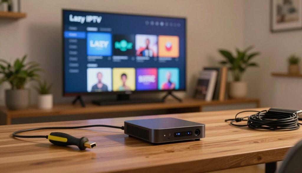 A cozy, well-lit workspace featuring a Raspberry Pi connected to a TV, displaying the Lazy IPTV interface. In the foreground, the Raspberry Pi is set up on a wooden desk, surrounded by a few tools like a screwdriver and HDMI cables, hinting at the installation process. The middle ground captures the bright screen of the TV showcasing a visually appealing Lazy IPTV menu filled with colorful channel icons. In the background, there are a few decorative items like plants and books, suggesting a homey environment. Warm, soft lighting enhances the inviting atmosphere, with a slight focus on the Raspberry Pi, shot from a slightly elevated angle to display the setup effectively. The mood is informative and welcoming, perfect for a tech-savvy audience.
