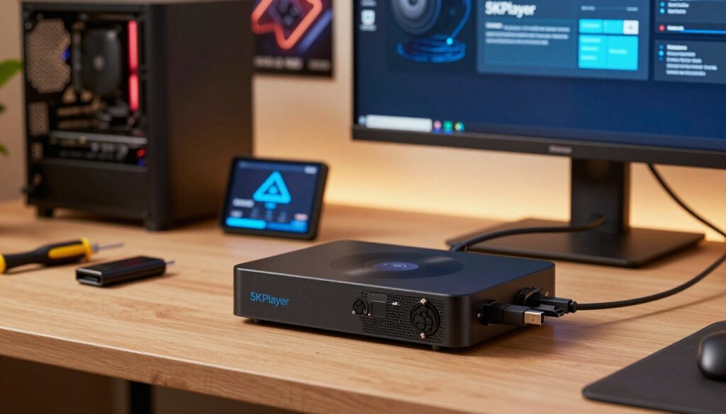 A cozy workspace featuring a Raspberry Pi media player setup, prominently displayed in the foreground with connected cables and a small monitor showing the 5KPlayer interface. In the middle ground, include a well-organized desk with computer components, a USB drive, and tools like a screwdriver, all neatly arranged to suggest installation activity. The background reveals a softly blurred room decorated with tech posters and ambient lighting that creates a warm atmosphere. Use soft, even lighting to emphasize the details, with a slightly shallow depth of field focusing on the Raspberry Pi. The overall mood is productive and inviting, perfect for a tech-savvy environment. No text or watermarks are present.