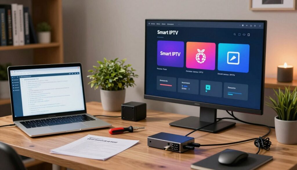 A detailed Raspberry Pi setup for IPTV troubleshooting in a cozy home office environment. In the foreground, a Raspberry Pi connected to a monitor displaying the Smart IPTV interface, with vibrant streaming icons. To the left, an open laptop showcasing troubleshooting guides and logs. The middle ground features essential tech tools like a screwdriver, network cables, and a manual, all organized neatly. In the background, soft ambient lighting enhances the workspace, with bookshelves filled with technology manuals and a potted plant for a touch of greenery. The atmosphere is focused and professional, conveying a sense of calm and clarity, ideal for problem-solving and maintenance tasks.