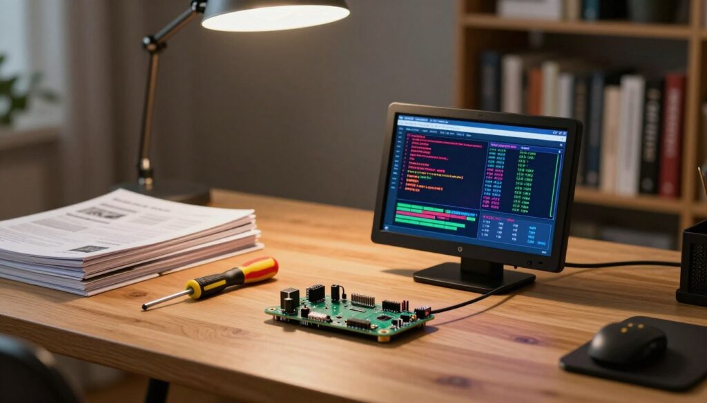 A detailed Raspberry Pi troubleshooting display set up on a clean wooden desk. In the foreground, a Raspberry Pi connected to a small screen showing a colorful troubleshooting interface with graphs and error codes. To the left, a stack of technical manuals and tools, including a screwdriver, neatly arranged. In the middle ground, a soft overhead light illuminates the workspace, casting gentle shadows, enhancing the technical atmosphere. The background features a blurred bookshelf filled with electronics books, creating a sense of depth. The overall mood is one of focused concentration and problem-solving, with warm, inviting tones that suggest a productive home office environment. The image is devoid of text or any distractions.