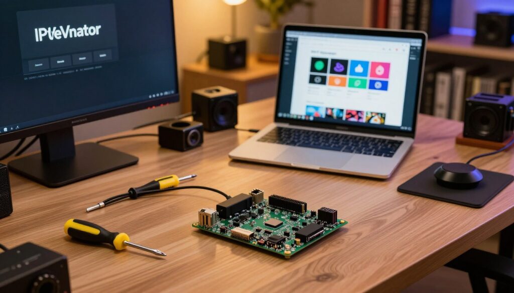 A detailed and informative scene depicting the installation of IPTVnator on a Raspberry Pi. In the foreground, showcase a Raspberry Pi board connected to a monitor displaying the IPTVnator interface, with colorful icons and a user-friendly layout. A set of tools, including a screwdriver and cables, is neatly arranged beside it. In the middle ground, illustrate a workspace with a laptop open to a tutorial page, surrounded by tech gadgets and accessories. The background features a softly lit room with shelves holding books and devices, creating a tech-savvy atmosphere. The lighting is warm and inviting, highlighting the workspace while keeping the focus on the Raspberry Pi and IPTVnator. Use a slight overhead angle for a clear view of all elements, exuding a mood of productivity and innovation.