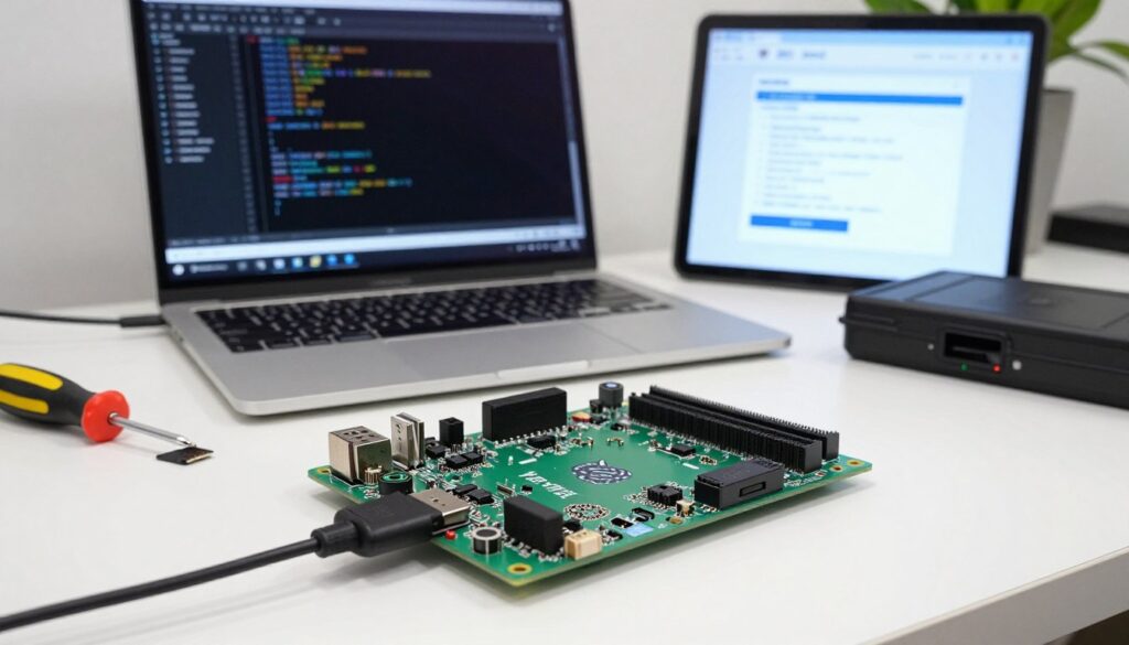 A detailed and organized scene depicting the installation process of Ibo Player on a Raspberry Pi. In the foreground, a close-up of a Raspberry Pi board connected to a monitor, with clear focus on the USB ports and HDMI connection. In the middle ground, an open laptop displays lines of code and a tutorial webpage showing step-by-step installation instructions. The background features a well-lit workspace with tools like a screwdriver, a microSD card, and a Raspberry Pi case neatly arranged. Soft, natural lighting conveys a calm and focused atmosphere, while a slight depth of field adds emphasis to the components. The composition invites viewers into a tech-savvy environment, forming a visual guide for the Ibo Player installation on Raspberry Pi.