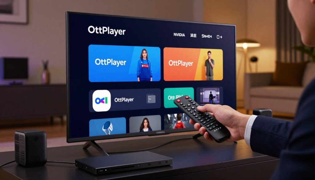 A detailed and vibrant image depicting the configuration of OttPlayer on a Nvidia Shield TV. In the foreground, showcase a sleek Nvidia Shield TV unit, connected to a high-definition television displaying the OttPlayer interface. The middle layer includes a user’s hand, clad in a professional business attire, manipulating the remote control, highlighting the setup process. In the background, softly blurred, is a cozy living room atmosphere with modern furnishings, various tech devices, and dim ambient lighting to create a focused yet inviting mood. The camera angle is slightly above eye level, emphasizing the interaction with the device while maintaining a warm, accessible vibe. No text or branding is present, ensuring a clean visual focus on the setup process.