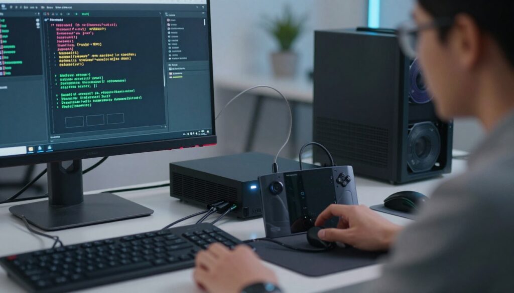 A detailed, close-up scene depicting a professional IT technician troubleshooting an IBO Pro Player configuration on an NVIDIA Shield. In the foreground, the technician, dressed in smart casual attire, is focused on a large monitor displaying diagnostic software and error messages. In the middle, the NVIDIA Shield console is prominently featured, with cables neatly organized and a bright LED indicator showing its status. The background consists of a modern home office environment with soft, ambient lighting that creates a calm atmosphere, highlighting tech gadgets and tools on a sleek desk. The overall mood is focused and professional, conveying a sense of problem-solving and efficiency essential for a smooth installation process.