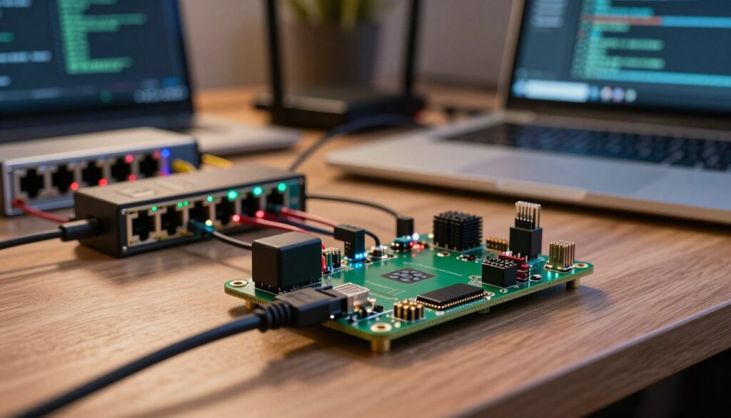 A detailed, close-up view of a Raspberry Pi setup for network configuration. The foreground features a Raspberry Pi with an Ethernet cable connected, emphasizing its GPIO pins and power supply. In the middle ground, there are network tools like a network switch and a router, with LED indicators glowing to indicate active connections. The background shows a blurred workspace with a laptop displaying network settings on the screen. Soft, warm lighting illuminates the scene, creating an inviting atmosphere of technical exploration. The angle is slightly elevated, capturing the essence of a tech-savvy environment, showcasing both devices and networks in harmony.