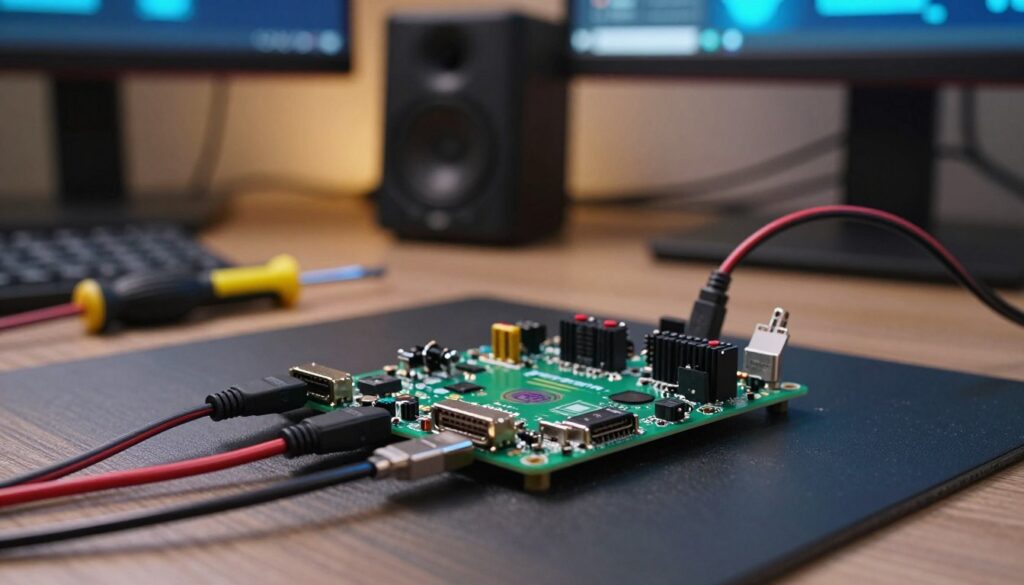 A detailed close-up view of a Raspberry Pi setup showcasing audio input and display connections. In the foreground, prominently display the Raspberry Pi board with visible HDMI and audio ports, alongside connected cables leading to a monitor and speakers. The middle ground should include a neatly organized workspace with tools like a screwdriver, and various connection cables artfully arranged. In the background, softly blurred, show a dimly lit room with subtle warm lighting, creating a technical yet inviting atmosphere. The entire composition should convey a sense of focus and clarity, highlighting the integration of technology. The scene should be crisp, well-lit, and photographically framed to evoke a professional, high-tech feel.