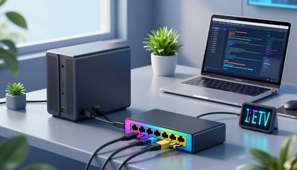 A detailed illustration of a Raspberry Pi IPTV server setup in a sleek, modern tech workspace. In the foreground, a Raspberry Pi with connected cables and an HDMI port, surrounded by a multi-colored network switch, Ethernet cables, and a small digital display showing network status. The middle ground features a desktop with a laptop open to a configuration screen displaying technical settings, while a small potted plant adds a touch of greenery. In the background, a large window lets in natural light, casting soft shadows and creating an inviting atmosphere. The scene conveys a sense of innovation and technical proficiency, with a cool color palette of blues and greens, emphasizing efficiency and clarity.
