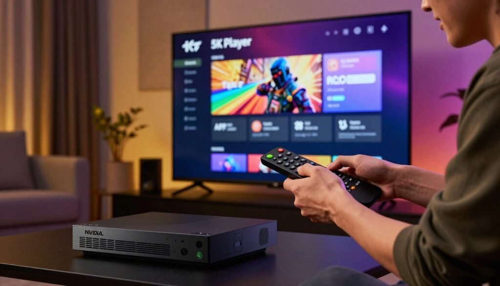 A detailed scene depicting the installation process of an APK file on an Nvidia Shield TV, shown prominently in the foreground. The Nvidia Shield console is sleek and modern, with its distinct black design and green accents. The television behind displays the 5KPlayer application interface, vibrant and user-friendly, reflecting a digital environment with smooth animations. In the middle ground, an individual in smart casual attire is interacting with a remote control, focused and enthusiastic about the installation. The background features a cozy living room, softly lit with warm ambient lighting, creating an inviting atmosphere for tech enthusiasts. The angle is slightly low, emphasizing the action taken by the individual, while maintaining a clear view of the Nvidia Shield and TV display.